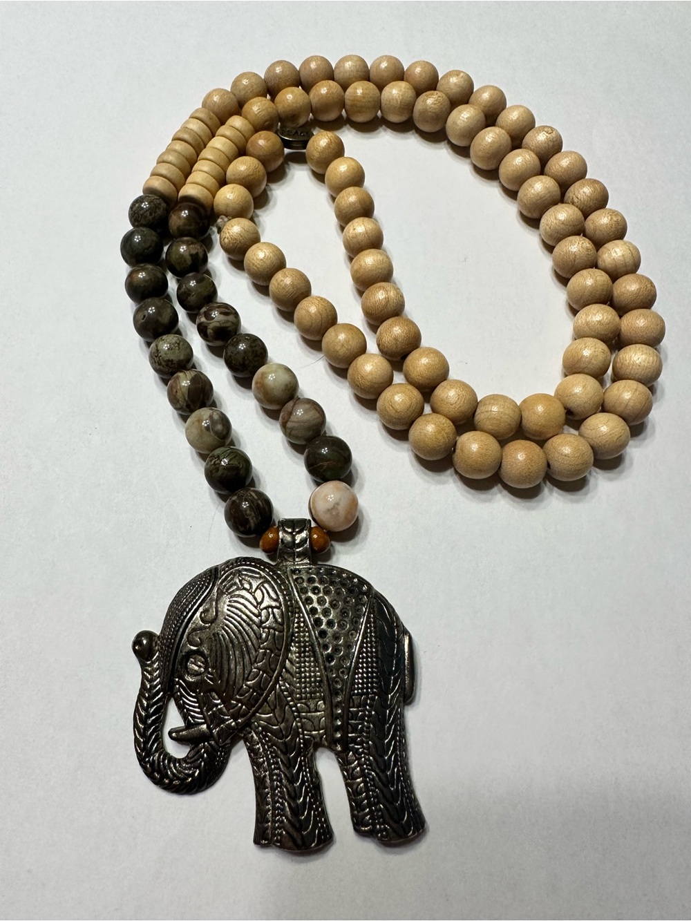 Bohemian Elephant Pendant Mala Wood Bead Necklace in Natural & Olive